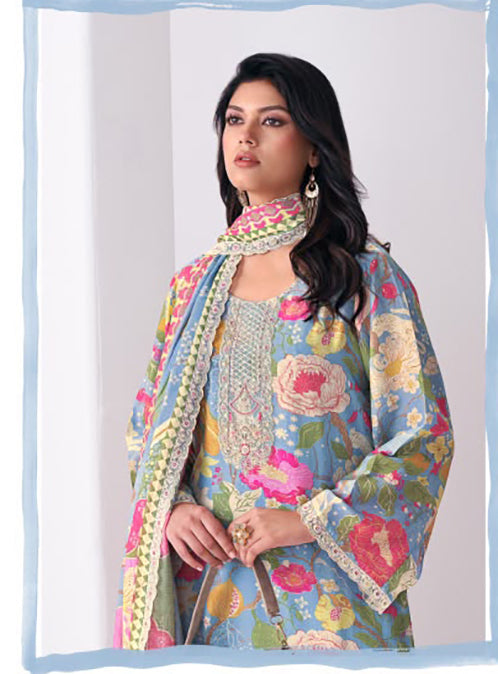 Party Wear Pakistani Muslin Unstitched Suit Material with Embroidery