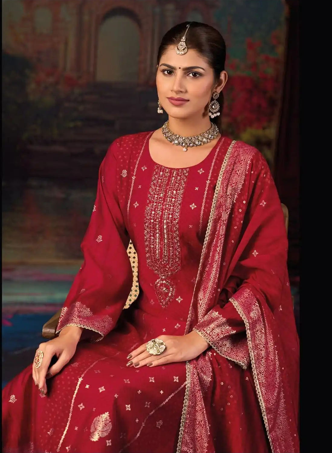 Party Wear Red Pure Muslin Silk Unstitched Suit Set Material for Women