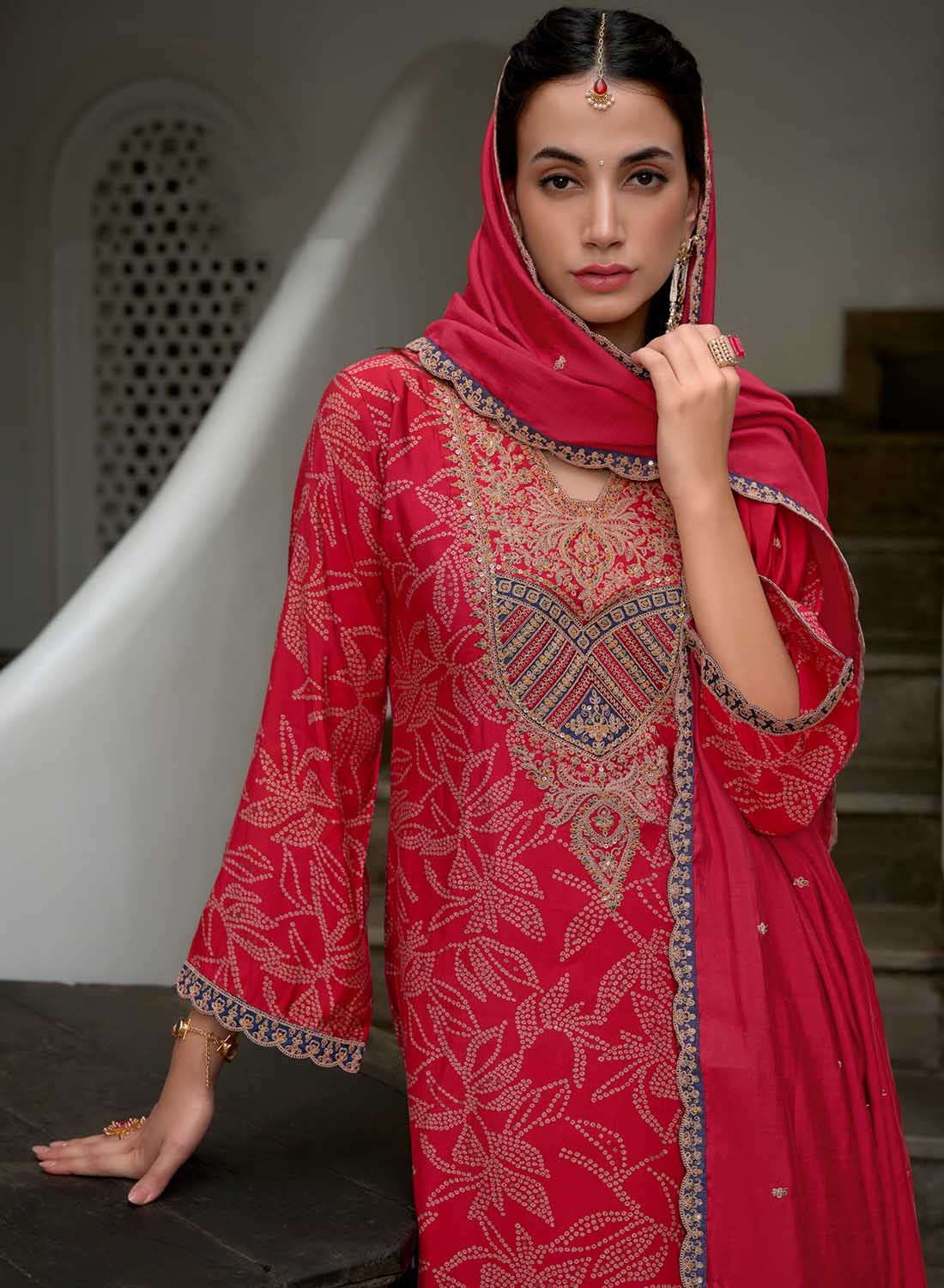 Women's Red Embroidered Party Wear Modal Silk Unstitched Suit Material