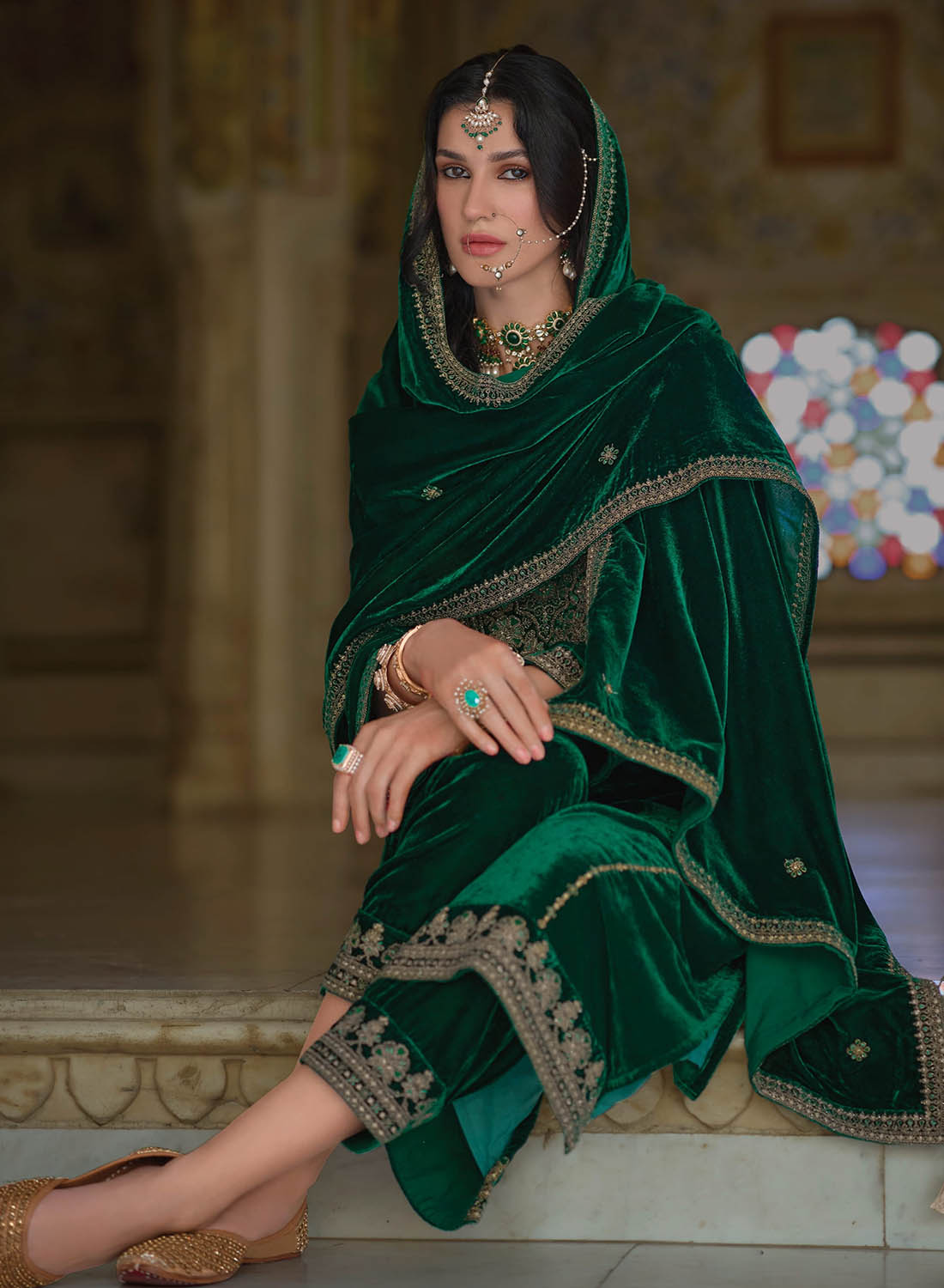 Kilory Party Wear Green Unstitched Winter Velvet Suit Material for