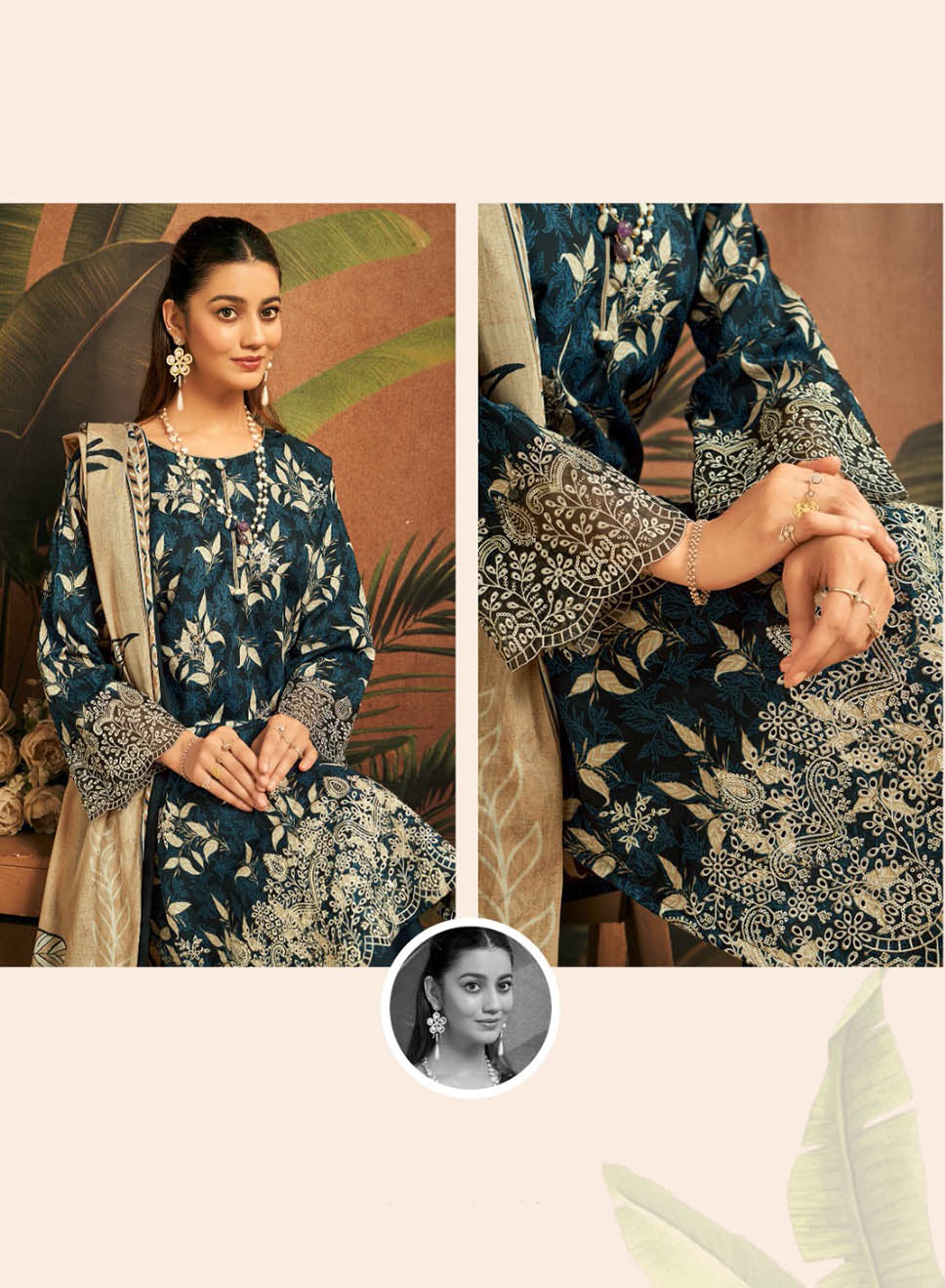 Women’s Pure Cotton Blue Unstitched Suit Dress Material with Embroidery