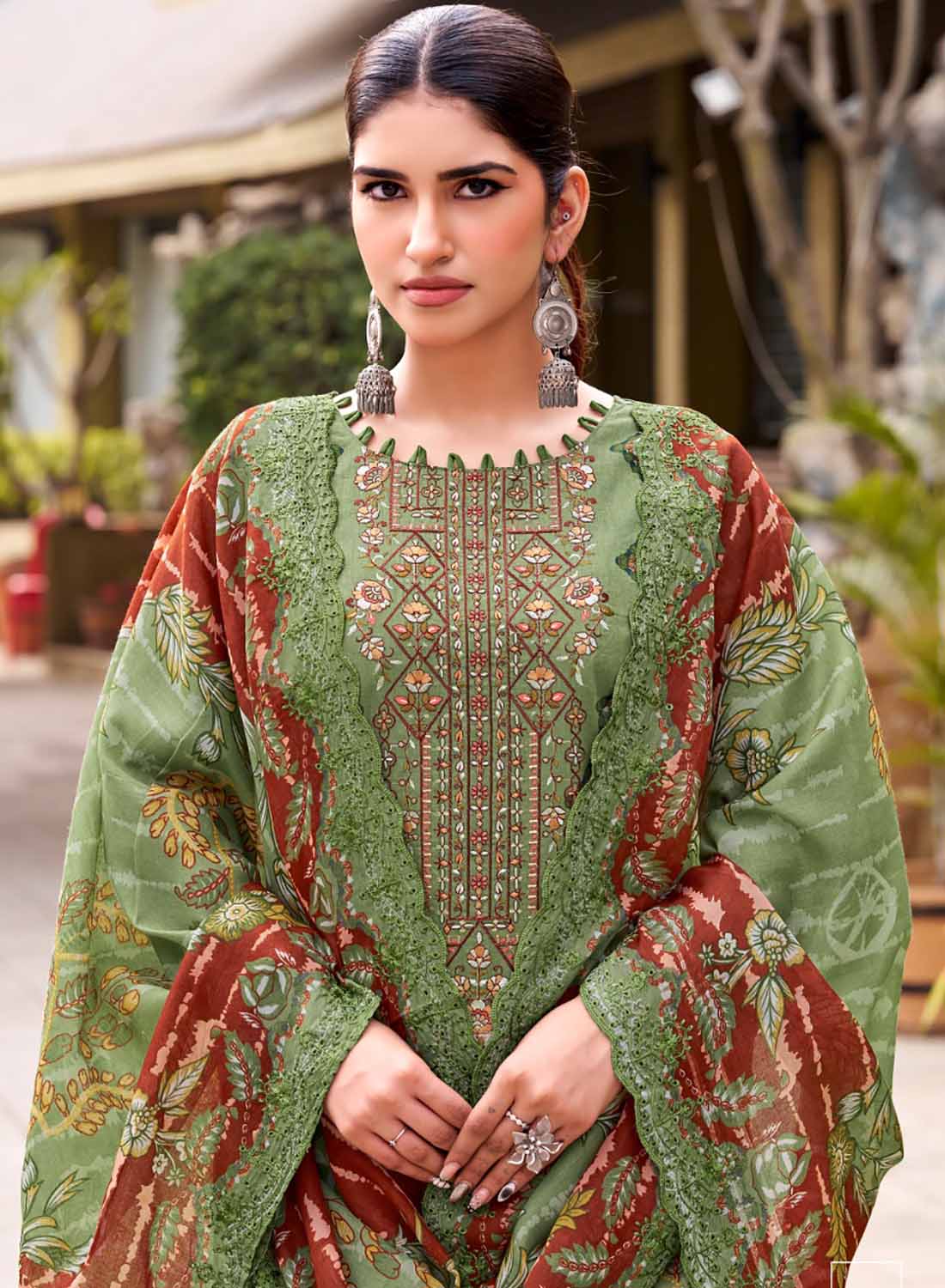 Pakistani Print Cambric Cotton Unstitched Suit Fabric with Embroidery Green
