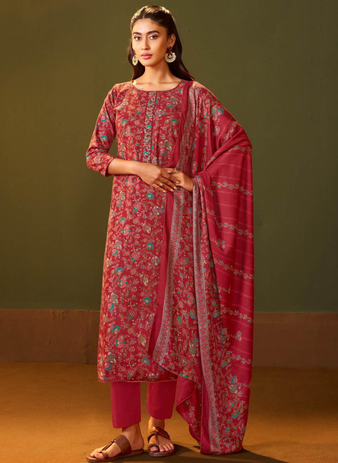 Red Printed Unstitched Winter Salwar Suit Set Material for Women