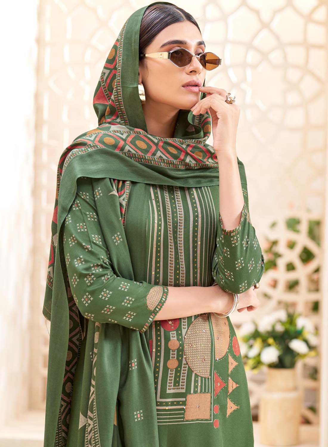 Green Viscose Pashmina Unstitched Winter Salwar Suit Material for Women
