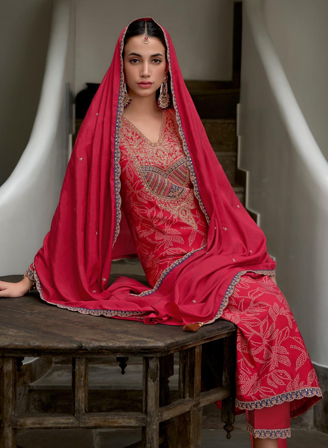 Women's Red Embroidered Party Wear Modal Silk Unstitched Suit Material