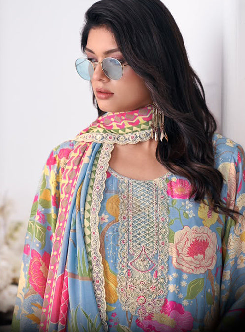 Party Wear Pakistani Muslin Unstitched Suit Material with Embroidery