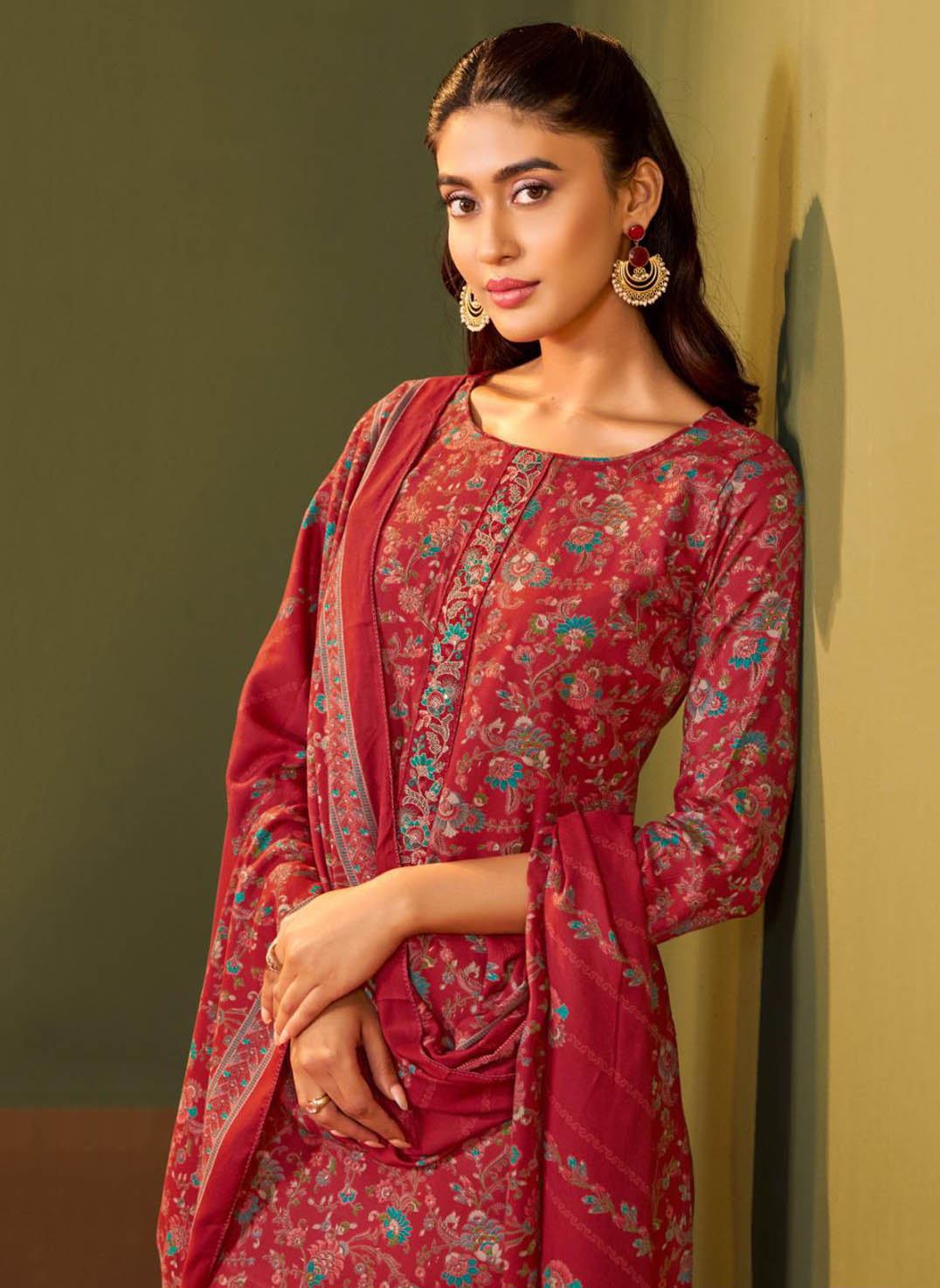 Red Printed Unstitched Winter Salwar Suit Set Material for Women