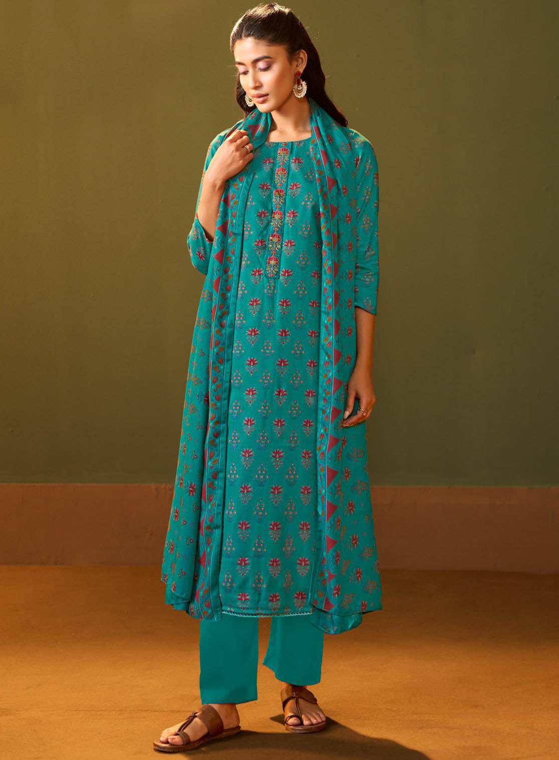 Teal Printed Unstitched Winter Salwar Suit Set Material for Women