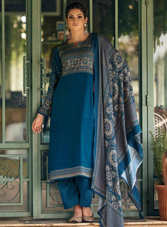 Women's Blue Unstitched Pashmina Winter Suit Material with Shawl Dupatta