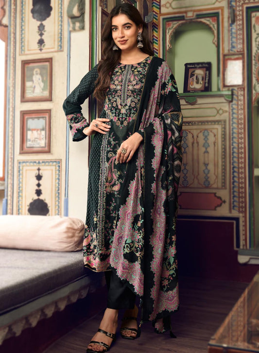 Black Pure Muslin Unstitched Salwar Suit Material with Handwork