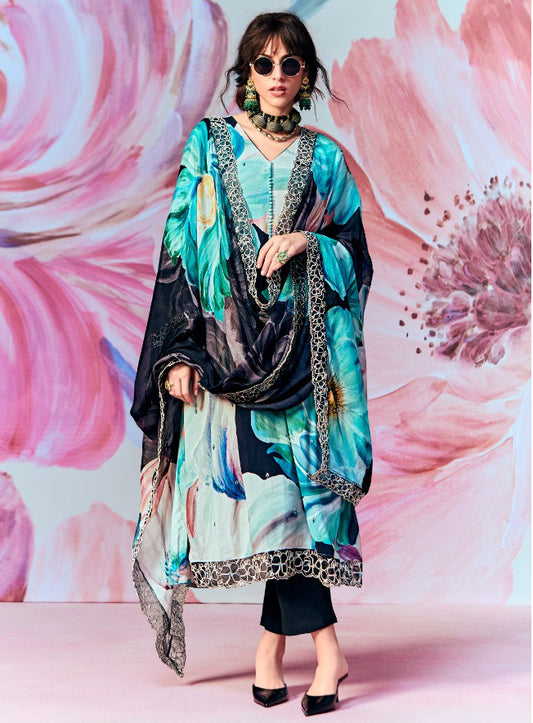 Black Party Wear Pashmina Staple Winter Unstitched Suit Dress Material