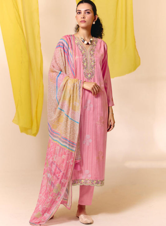Party Wear Muslin Pink Unstitched Suit Material for Women with Embroidery