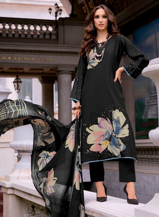 Black Pure Muslin Unstitched Suit Dress Material with Dupatta for Women