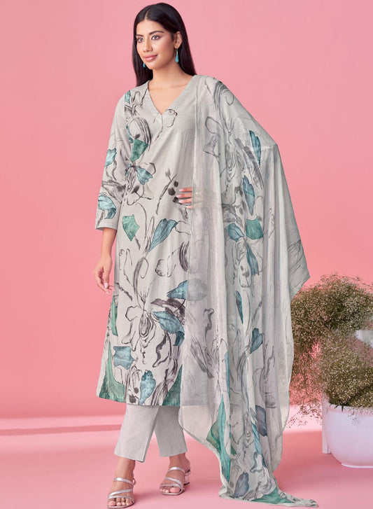 Grey Pure Cotton Lawn Printed Unstitched Salwar Suit Dress Material