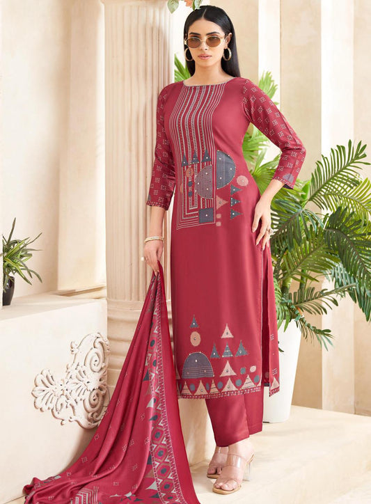 Red Viscose Pashmina Unstitched Winter Salwar Suit Material for Women