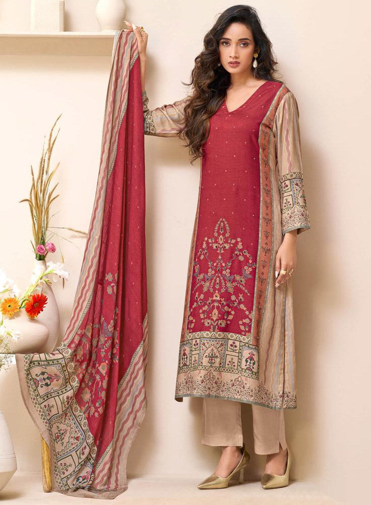 Sahiba Pashmina Red Unstitched Winter Salwar Suit Material for Women