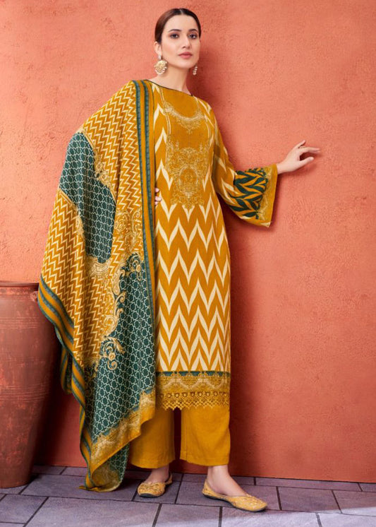 Pashmina Printed Yellow Winter Suit Dress Material with Fancy Lace