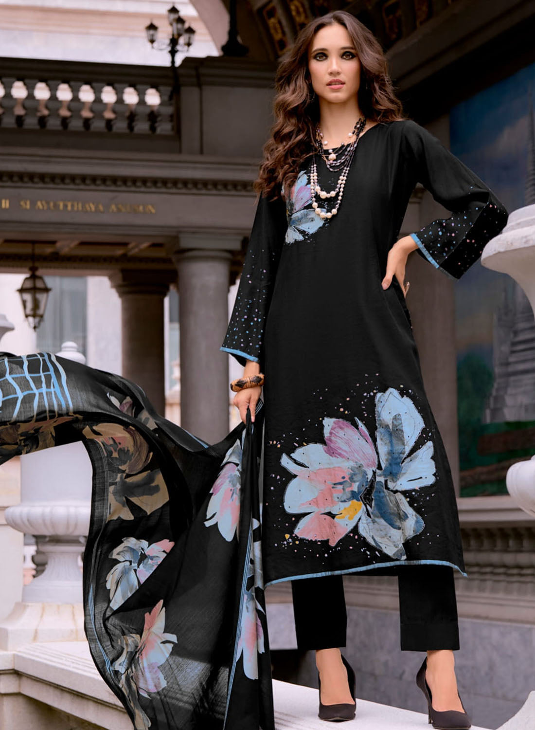 Black Unstitched Pashmina Winter Suit Dress Material with Shawl Dupatta