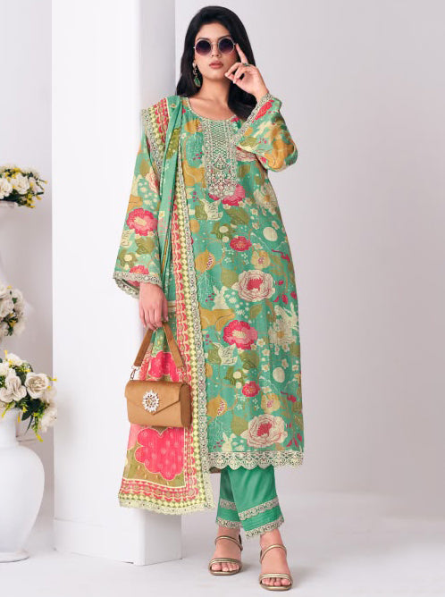 Party Wear Muslin Unstitched Pakistani Suit Material with Embroidery