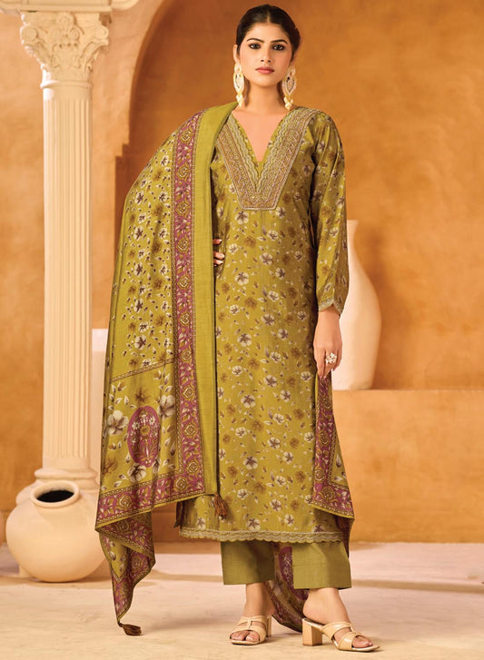 Party Wear Muslin Silk Salwar Suit Unstitched Dress Material with Printed Dupatta