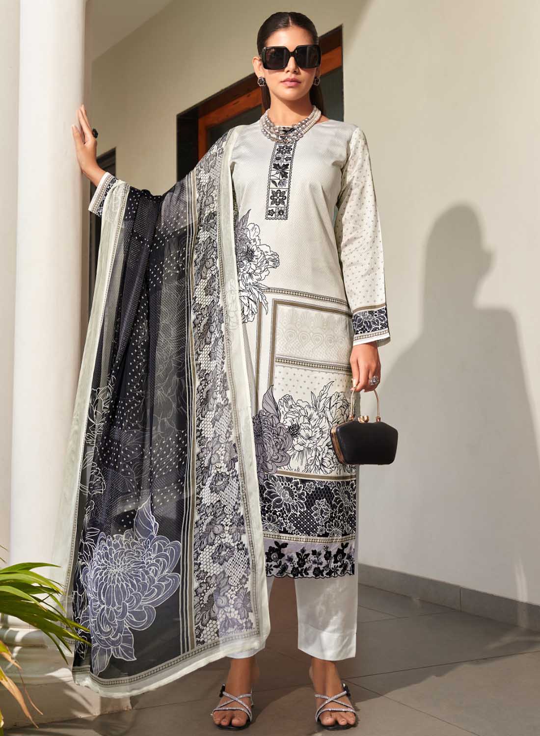 White Cotton Satin Unstitched Salwar Suit Material for Women