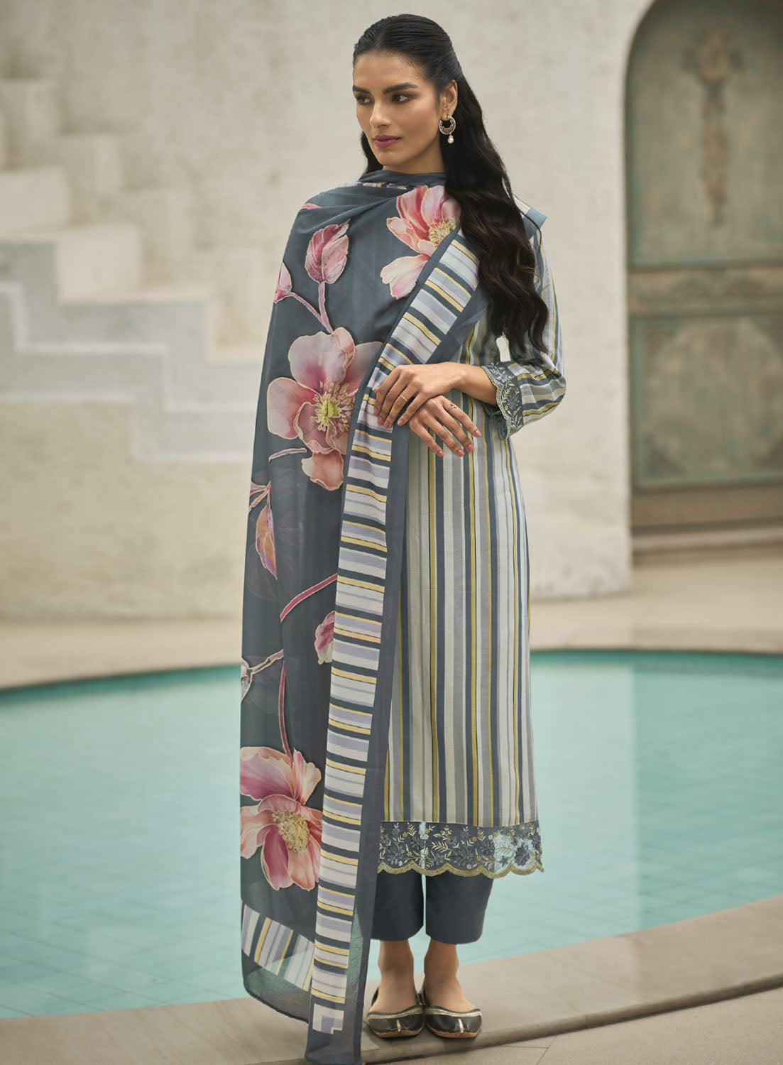 Kilory Grey Unstitched Cotton Salwar Suit Material with Fancy Work Kilory Trends