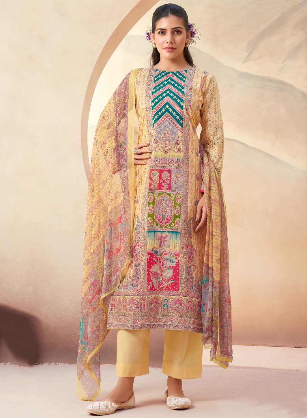 Pure Cambric Cotton Yellow Unstitched Suit Material with Zari Work