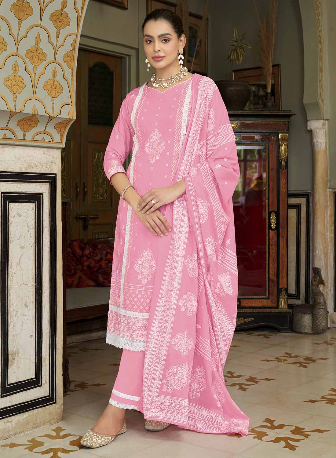 Alok Pure Cambric Cotton Printed Unstitched Suit with Lace Work