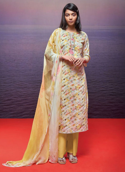 Ganga Pure Cotton Yellow Unstitched Suit Dress Material for Women Ganga
