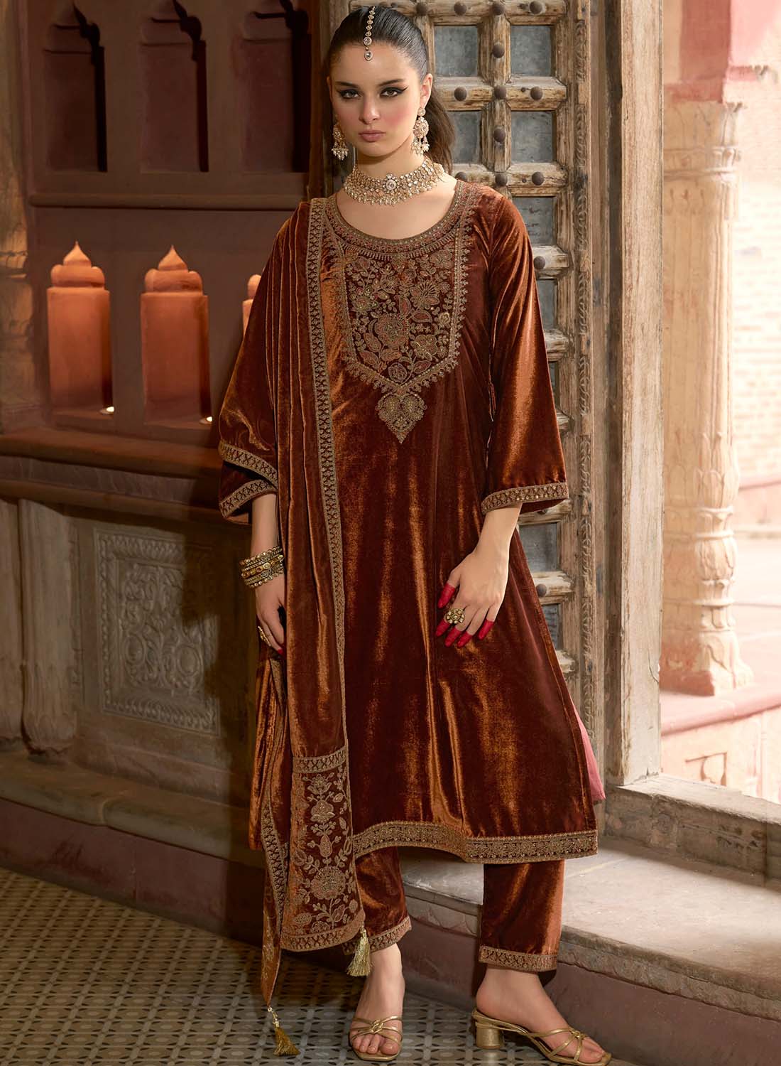 Party Wear Velvet Unstitched Salwar Suit Dress Material with Dupatta