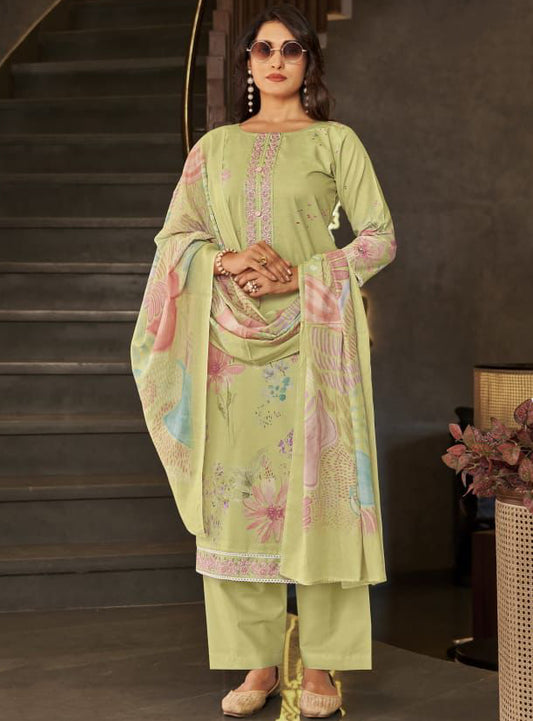 Pure Lawn Cotton Green Unstitched Suit Summer Dress Material with Dupatta