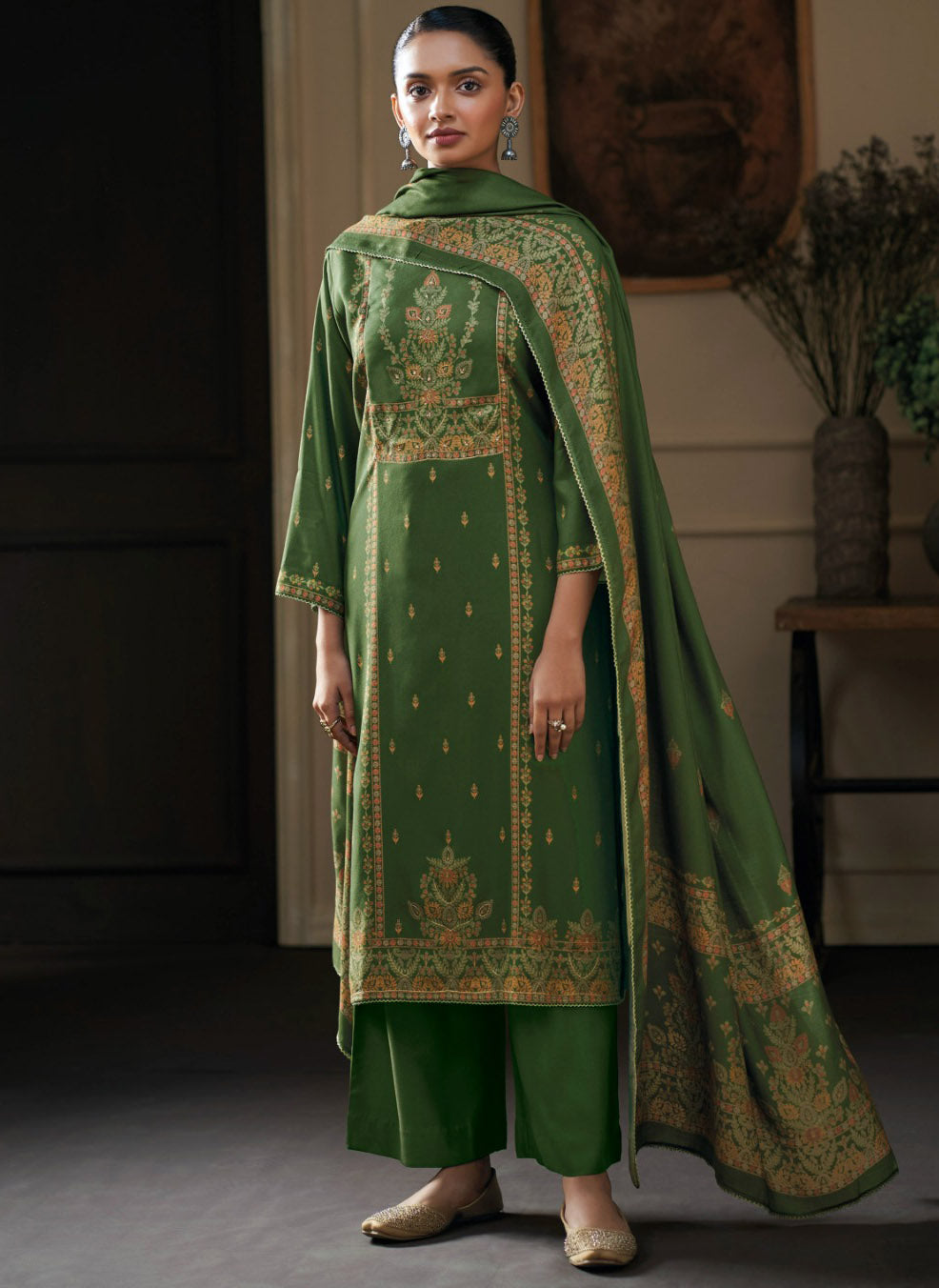 Ganga Pashmina Green Unstitched Winter Suit Dress Material for Women