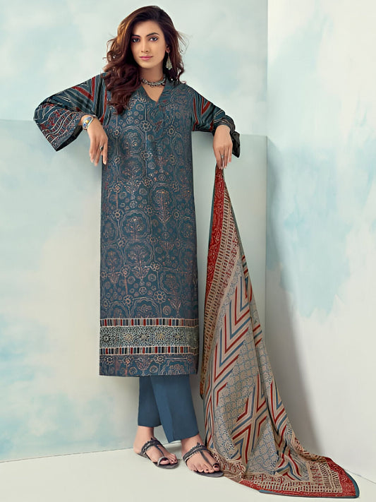 Dark Blue Unstitched Printed Muslin Silk Suit Dress Material for Women SARG