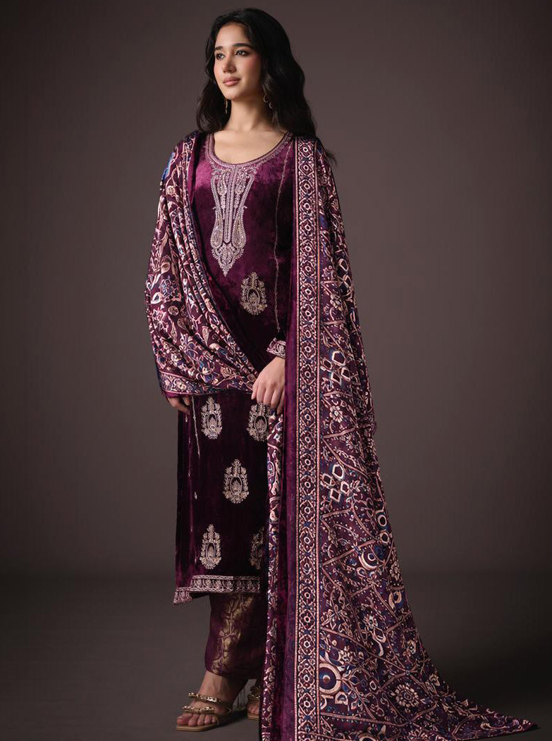 Party Wear Unstitched Velvet Suit Material with Heavy Embroidery