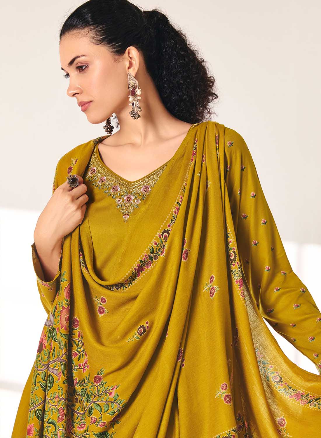 Pashmina Unstitched Winter Salwar Suit Set Material with Neck Embroidery