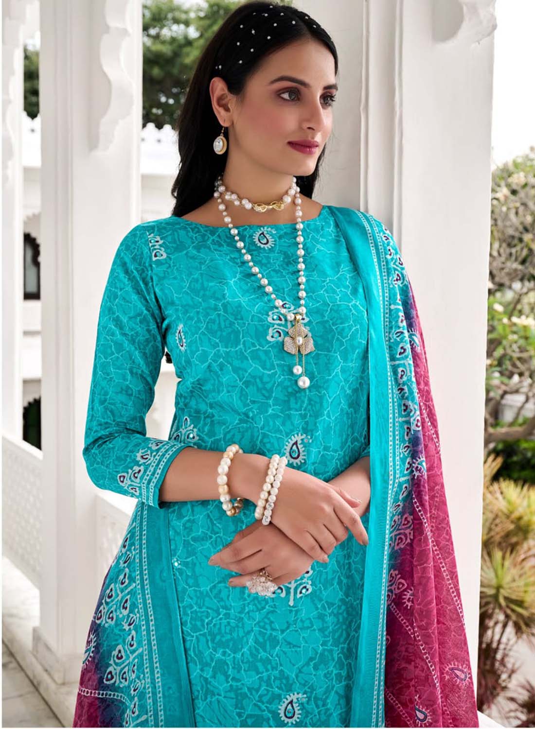 Pure Cotton Printed Unstitched Suit Material with Mirror and Lace Work