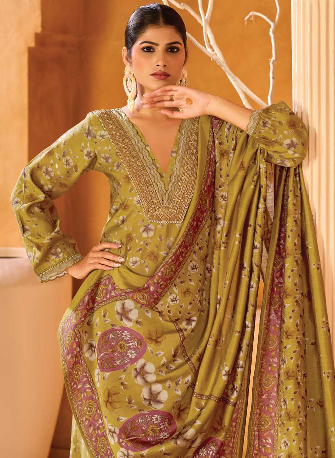 Party Wear Muslin Silk Salwar Suit Unstitched Dress Material with Printed Dupatta
