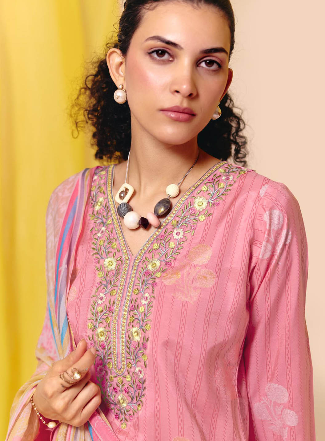 Party Wear Muslin Pink Unstitched Suit Material for Women with Embroidery
