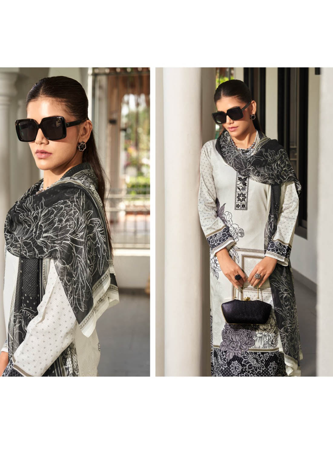 White Cotton Satin Unstitched Salwar Suit Material for Women