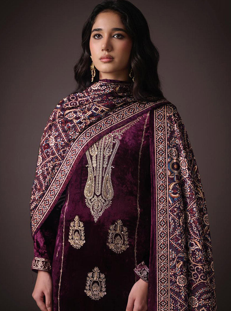 Party Wear Unstitched Velvet Suit Material with Heavy Embroidery