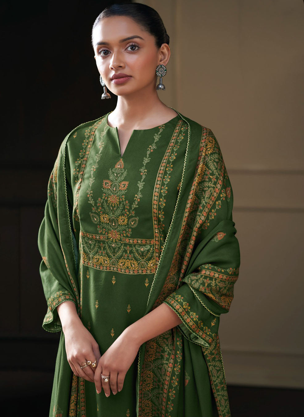 Ganga Pashmina Green Unstitched Winter Suit Dress Material for Women