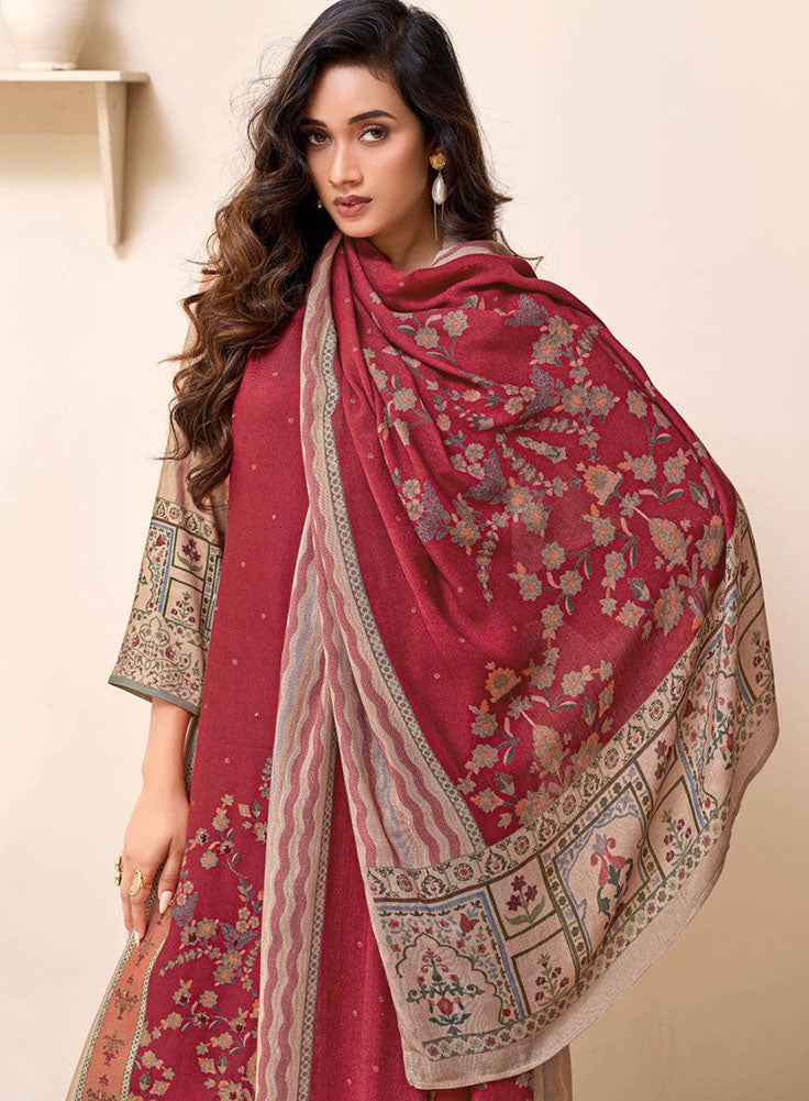 Sahiba Pashmina Red Unstitched Winter Salwar Suit Material for Women