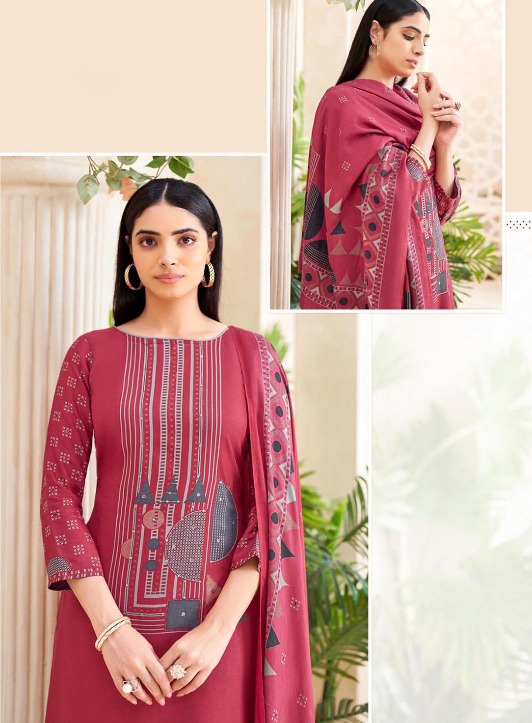 Red Viscose Pashmina Unstitched Winter Salwar Suit Material for Women