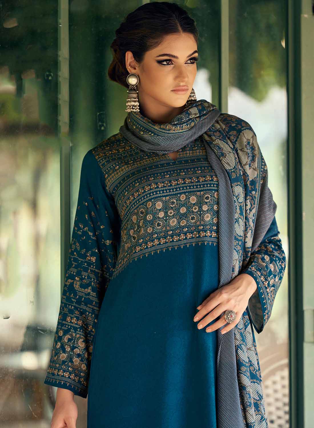 Women's Blue Unstitched Pashmina Winter Suit Material with Shawl Dupatta