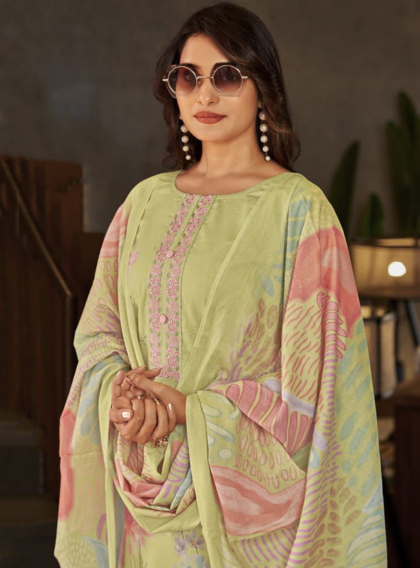 Pure Lawn Cotton Green Unstitched Suit Summer Dress Material with Dupatta
