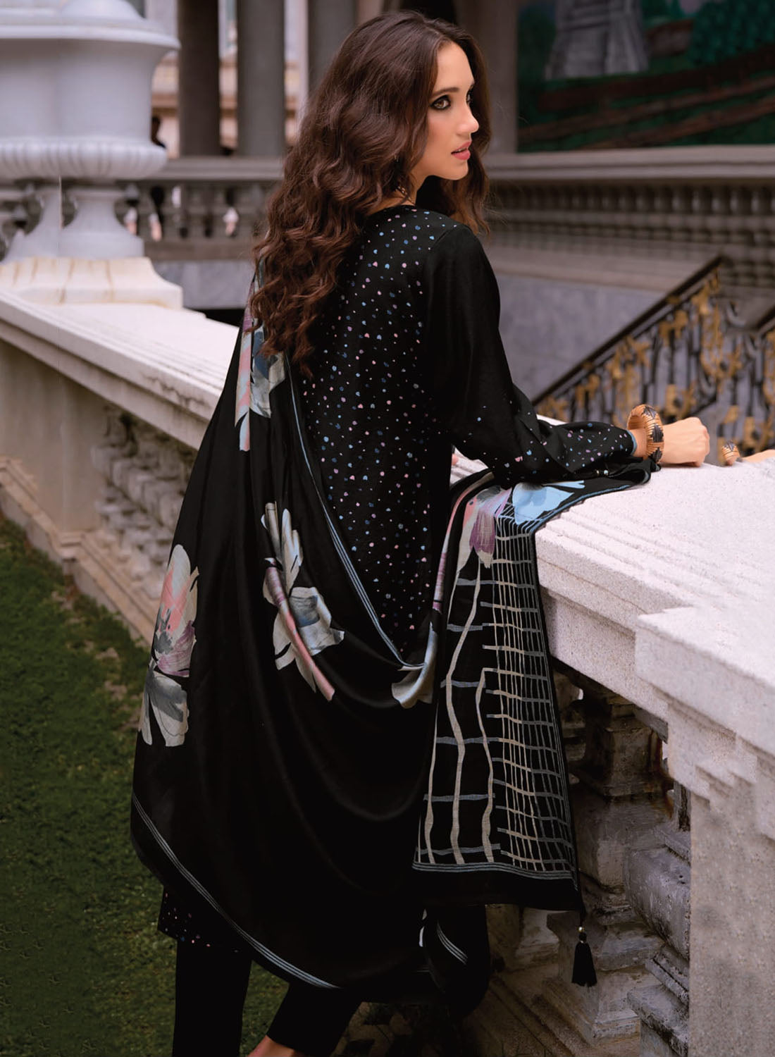 Black Unstitched Pashmina Winter Suit Dress Material with Shawl Dupatta