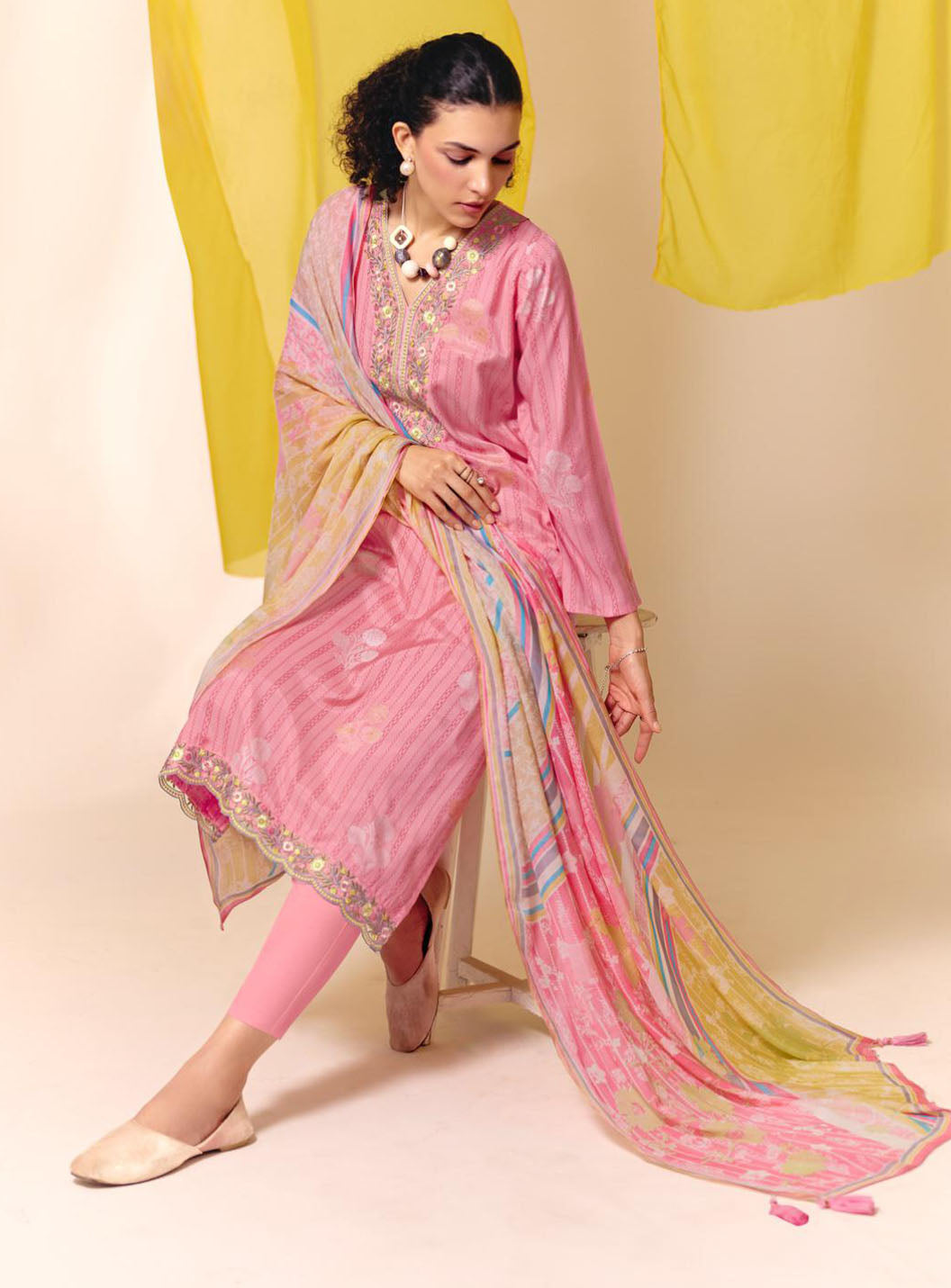 Party Wear Muslin Pink Unstitched Suit Material for Women with Embroidery