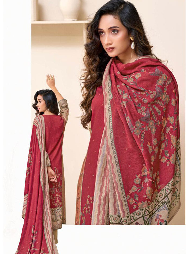 Sahiba Pashmina Red Unstitched Winter Salwar Suit Material for Women