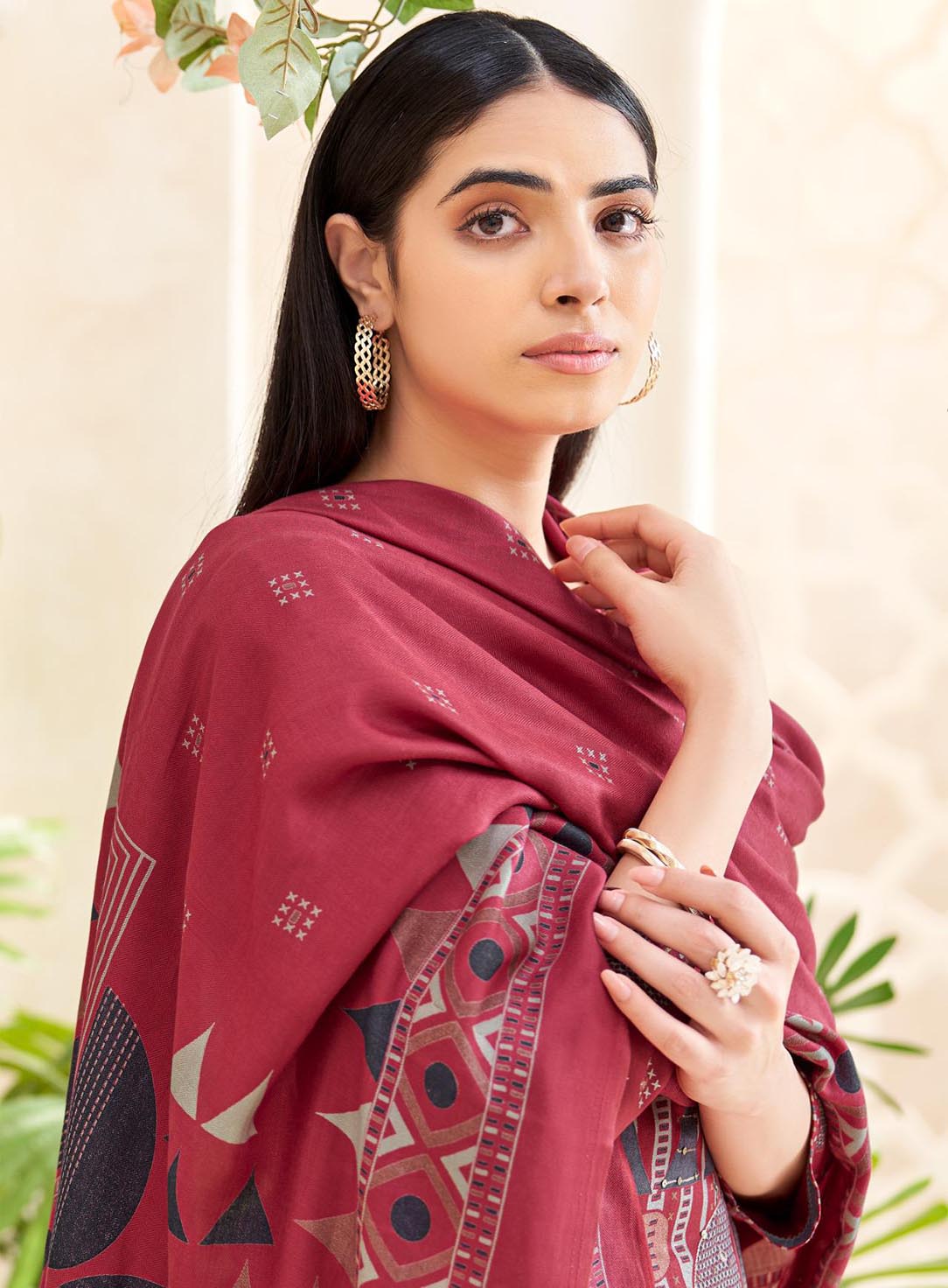 Red Viscose Pashmina Unstitched Winter Salwar Suit Material for Women