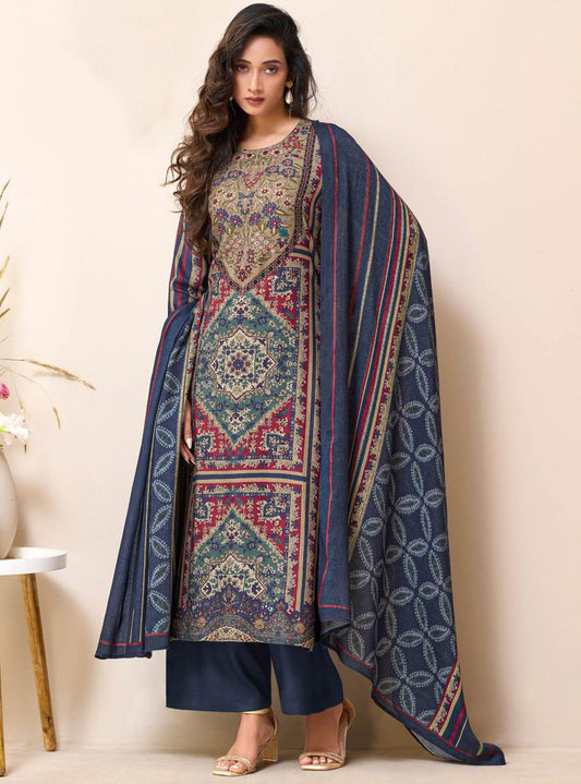 Sahiba Pashmina Blue Unstitched Winter Salwar Suit Material for Women